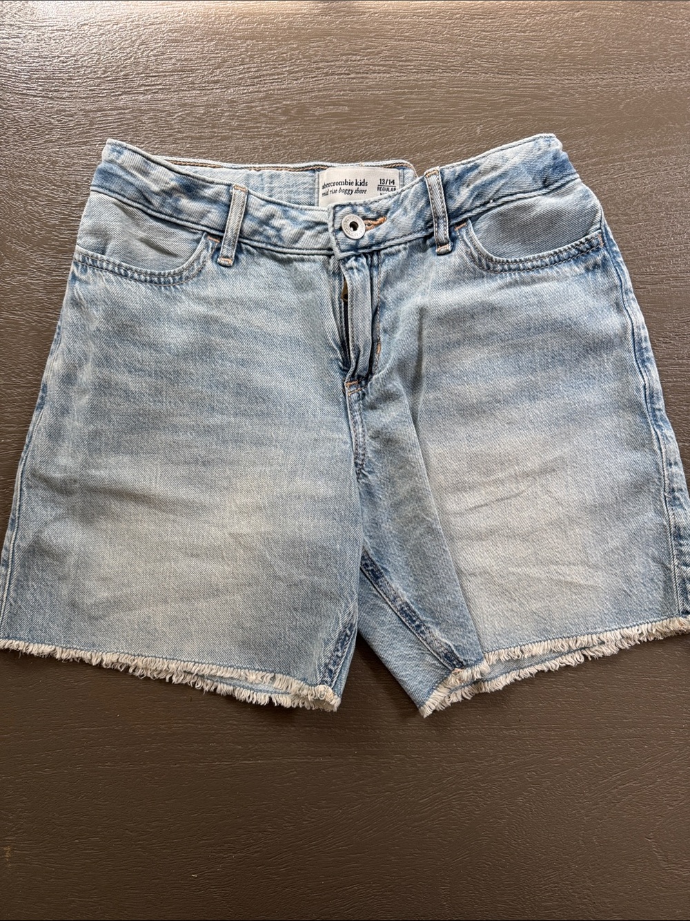 Abercrombie Kids Mid Rise Baggy Denim Shorts, size 13/14, 5” inseam